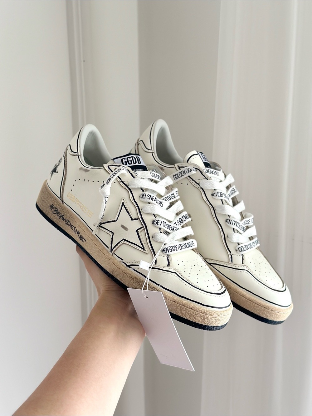 Golden Goose White and Black Star Low-Top Sneakers with Tan Midsole